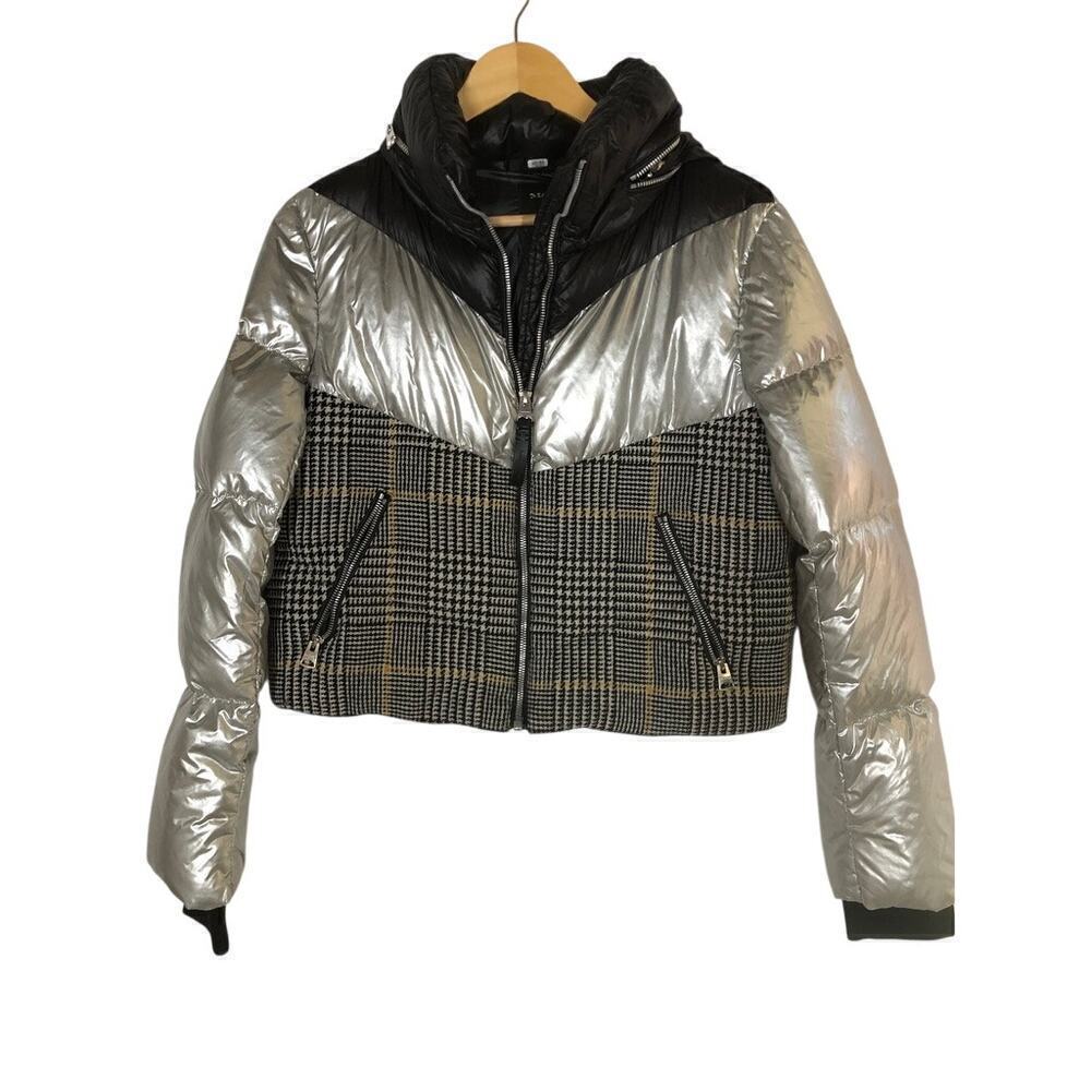 Mackage Mini Houndstooth Jacket Puffer Metallic Silver Black M - Picture 2 of 12
